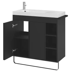GoodHome Meuble sous vasque faible profondeur à poser avec porte-serviettes noir l.85 x H.82 x P.36 cm, Maza* Meuble Buanderie|Meuble De Salle De Bains Faible Profondeur