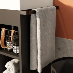 GoodHome Meuble sous vasque faible profondeur à poser avec porte-serviettes noir l.85 x H.82 x P.36 cm, Maza* Meuble Buanderie|Meuble De Salle De Bains Faible Profondeur