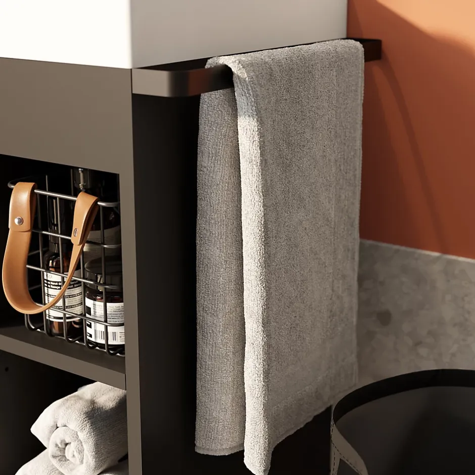 GoodHome Meuble sous vasque faible profondeur à poser avec porte-serviettes noir l.85 x H.82 x P.36 cm, Maza* Meuble Buanderie|Meuble De Salle De Bains Faible Profondeur