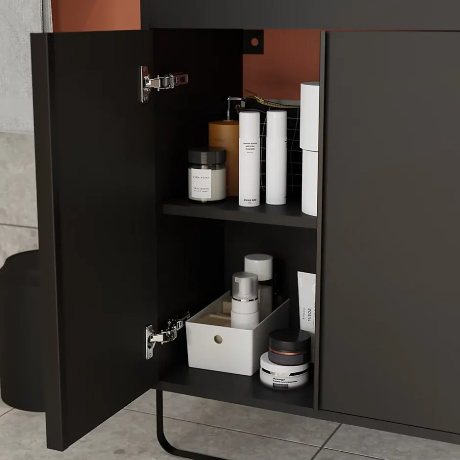 GoodHome Meuble sous vasque faible profondeur à poser avec porte-serviettes noir l.85 x H.82 x P.36 cm, Maza* Meuble Buanderie|Meuble De Salle De Bains Faible Profondeur