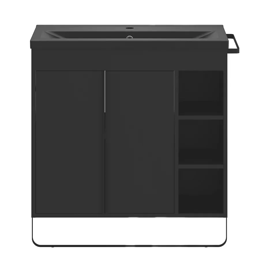 GoodHome Meuble sous vasque faible profondeur à poser avec porte-serviettes noir l.85 x H.82 x P.36 cm, Maza* Meuble Buanderie|Meuble De Salle De Bains Faible Profondeur