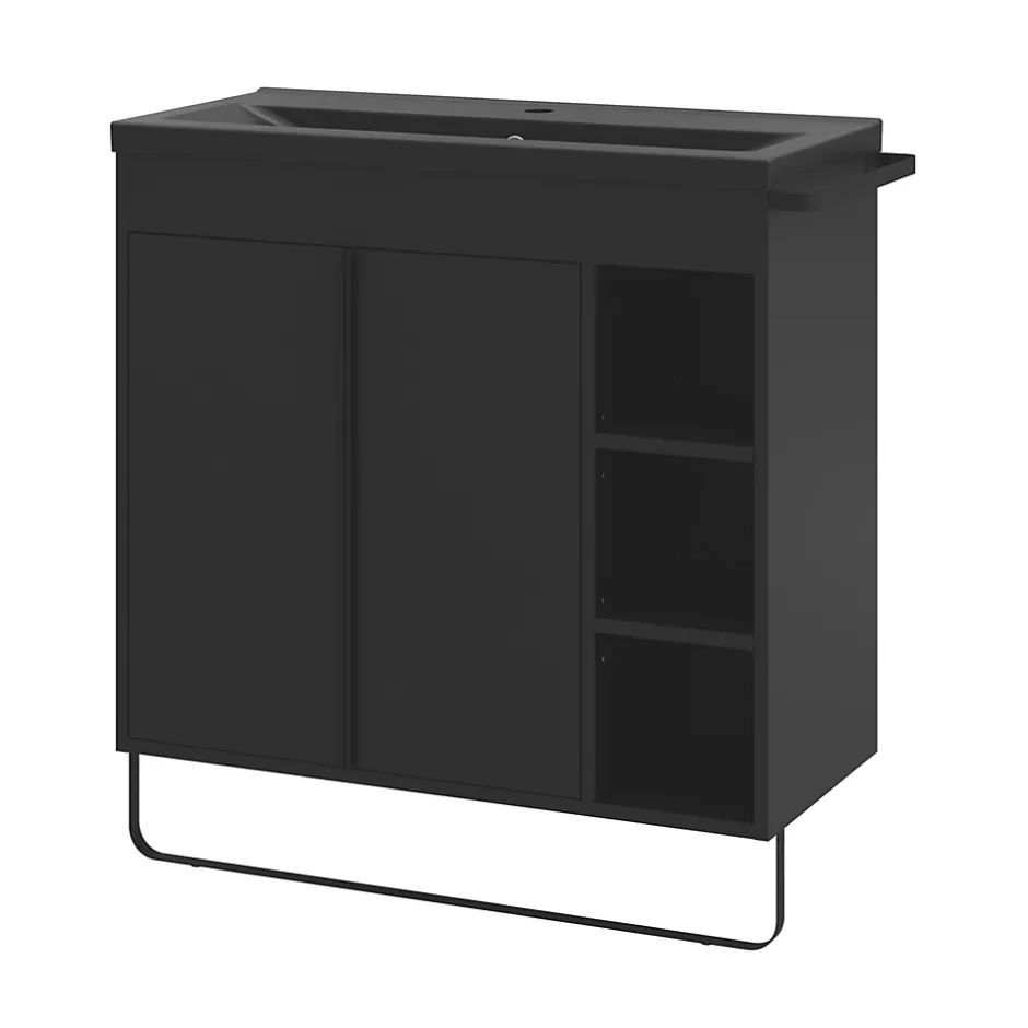 GoodHome Meuble sous vasque faible profondeur à poser avec porte-serviettes noir l.85 x H.82 x P.36 cm, Maza* Meuble Buanderie|Meuble De Salle De Bains Faible Profondeur