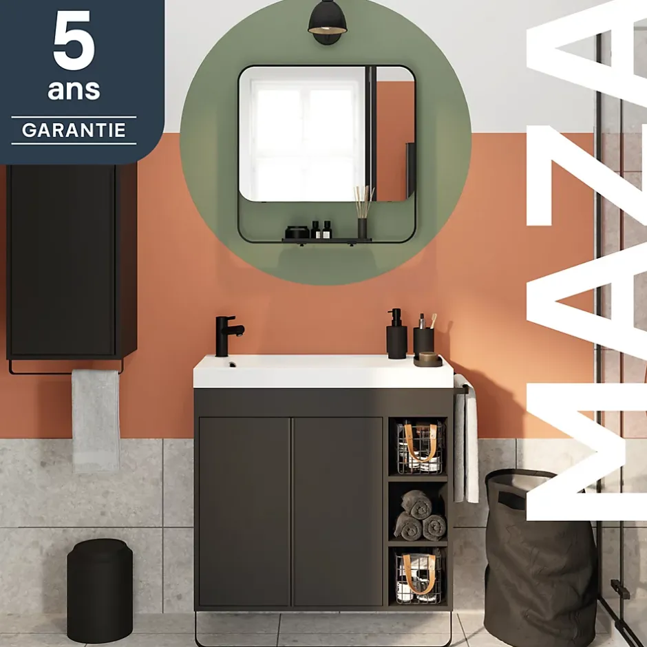 GoodHome Meuble sous vasque faible profondeur à poser avec porte-serviettes noir l.85 x H.82 x P.36 cm, Maza* Meuble Buanderie|Meuble De Salle De Bains Faible Profondeur
