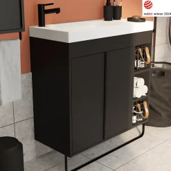 GoodHome Meuble sous vasque faible profondeur à poser avec porte-serviettes noir l.85 x H.82 x P.36 cm, Maza* Meuble Buanderie|Meuble De Salle De Bains Faible Profondeur