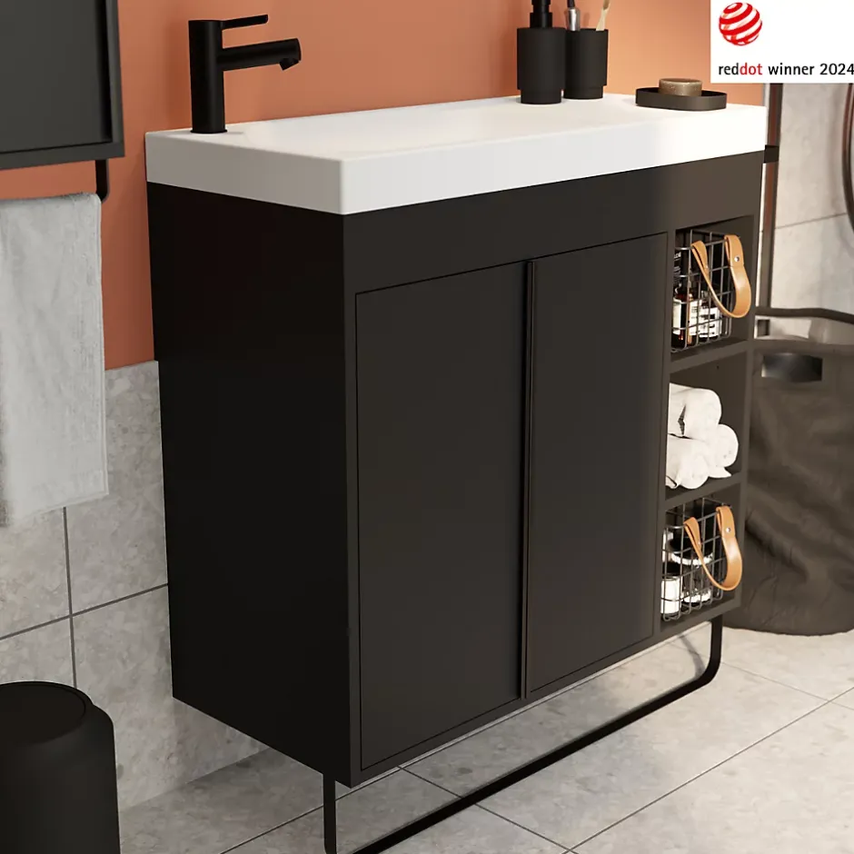 GoodHome Meuble sous vasque faible profondeur à poser avec porte-serviettes noir l.85 x H.82 x P.36 cm, Maza* Meuble Buanderie|Meuble De Salle De Bains Faible Profondeur