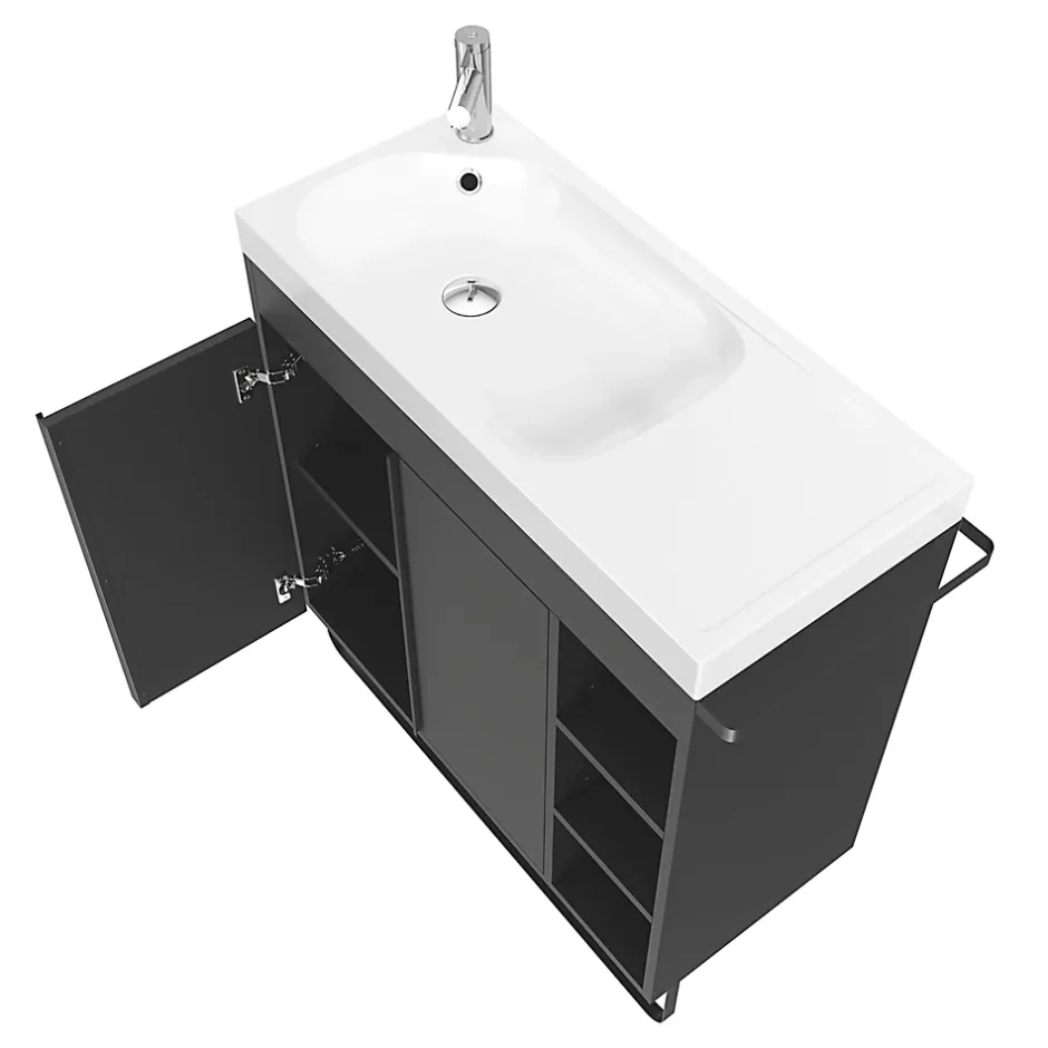 GoodHome Meuble sous vasque faible profondeur à poser avec porte-serviettes noir l.85 x H.82 x P.36 cm, Maza* Meuble Buanderie|Meuble De Salle De Bains Faible Profondeur