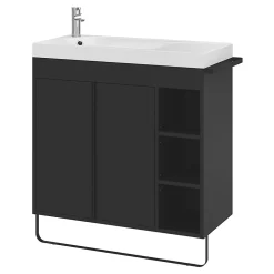 GoodHome Meuble sous vasque faible profondeur à poser avec porte-serviettes noir l.85 x H.82 x P.36 cm, Maza* Meuble Buanderie|Meuble De Salle De Bains Faible Profondeur
