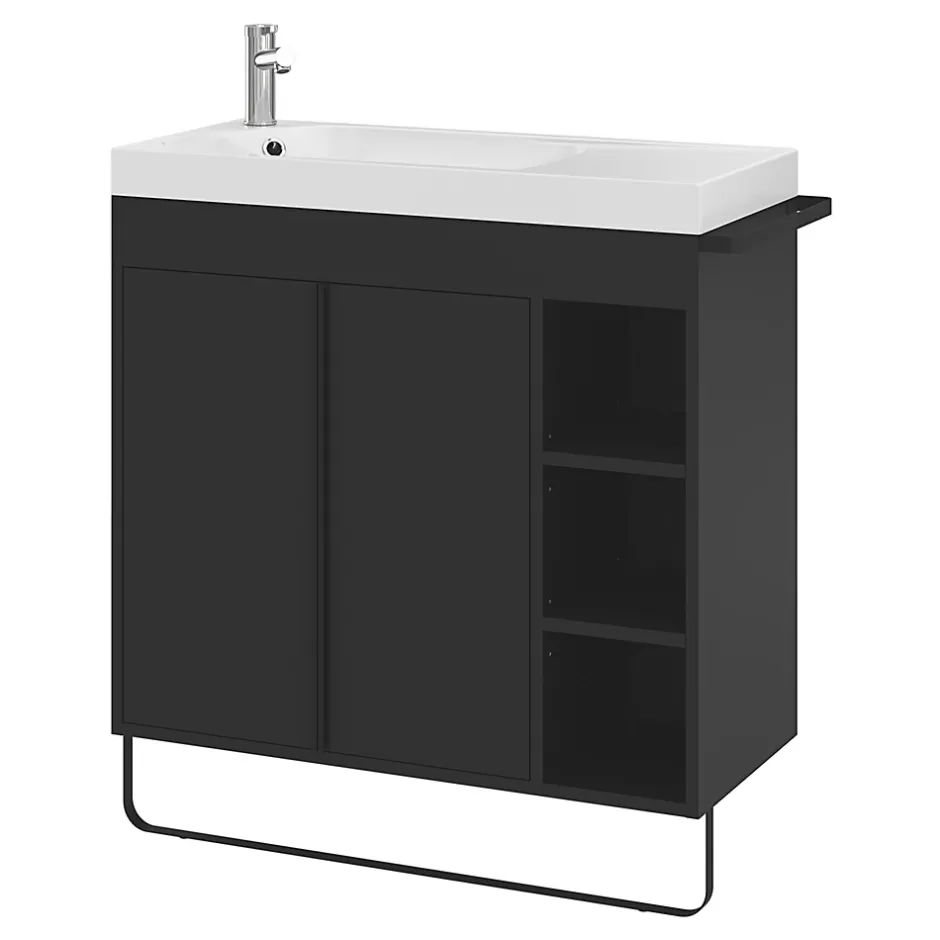 GoodHome Meuble sous vasque faible profondeur à poser avec porte-serviettes noir l.85 x H.82 x P.36 cm, Maza* Meuble Buanderie|Meuble De Salle De Bains Faible Profondeur