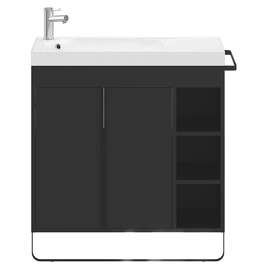 GoodHome Meuble sous vasque faible profondeur à poser avec porte-serviettes noir l.85 x H.82 x P.36 cm, Maza* Meuble Buanderie|Meuble De Salle De Bains Faible Profondeur