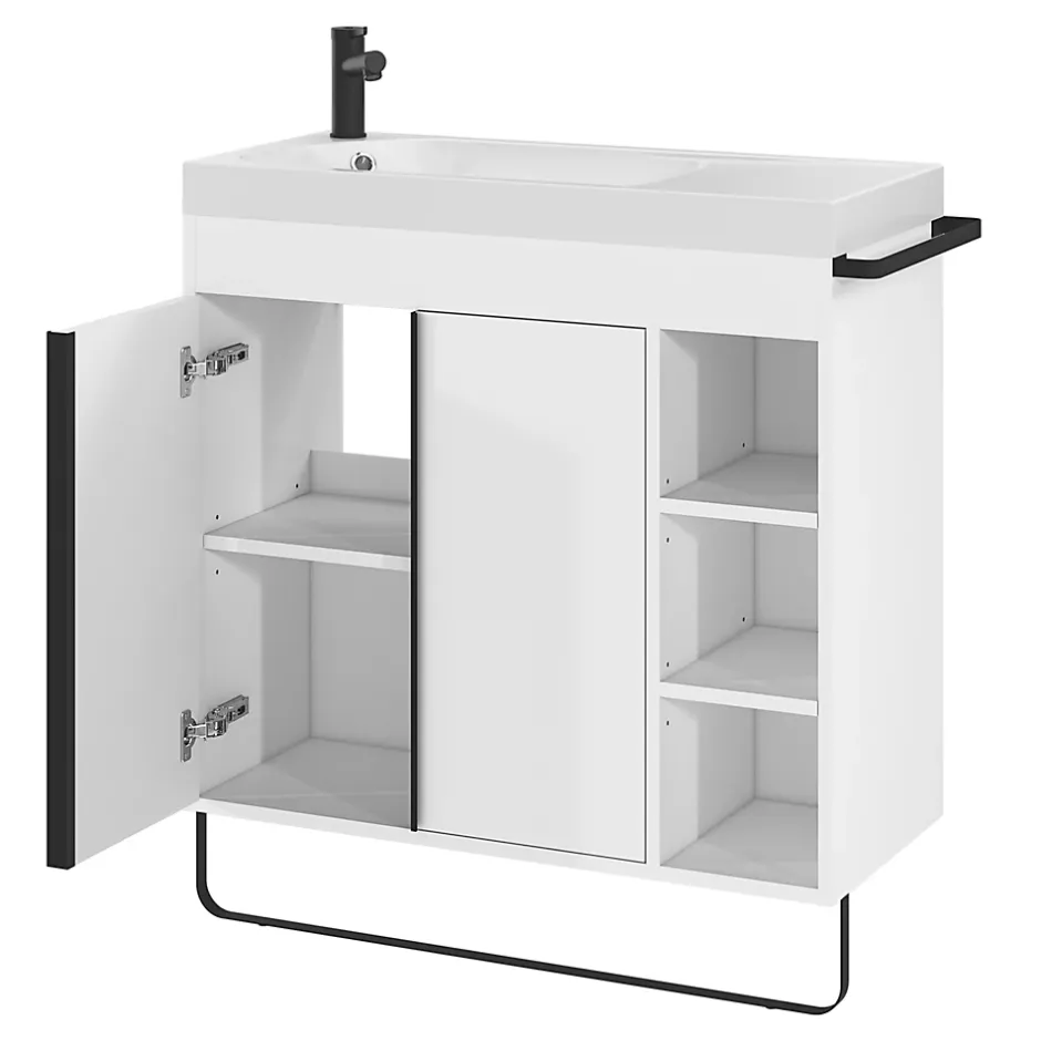 GoodHome Meuble sous vasque faible profondeur à poser avec porte-serviettes blanc l.85 x H.82 x P.36 cm, Maza