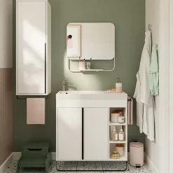 GoodHome Meuble sous vasque faible profondeur à poser avec porte-serviettes blanc l.85 x H.82 x P.36 cm, Maza