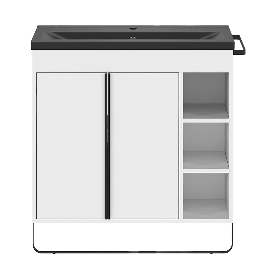 GoodHome Meuble sous vasque faible profondeur à poser avec porte-serviettes blanc l.85 x H.82 x P.36 cm, Maza