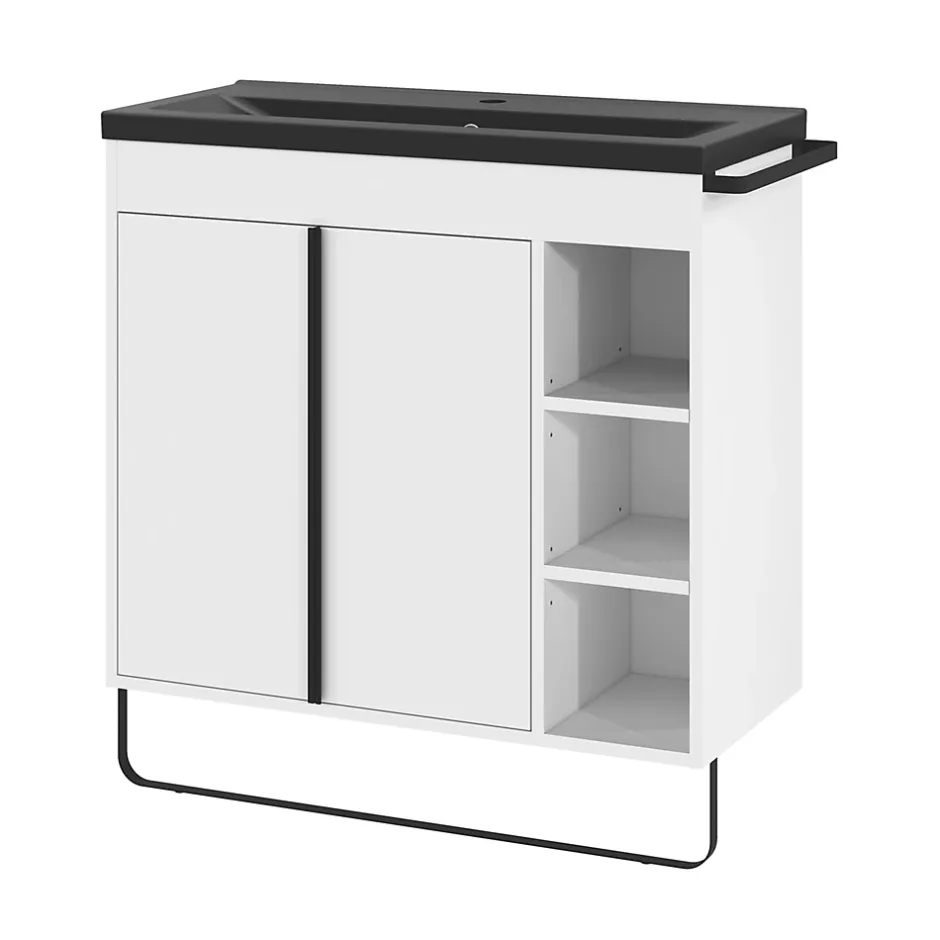 GoodHome Meuble sous vasque faible profondeur à poser avec porte-serviettes blanc l.85 x H.82 x P.36 cm, Maza