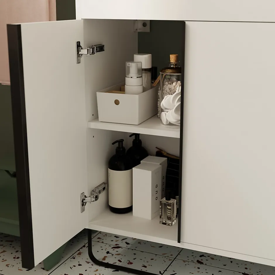 GoodHome Meuble sous vasque faible profondeur à poser avec porte-serviettes blanc l.85 x H.82 x P.36 cm, Maza