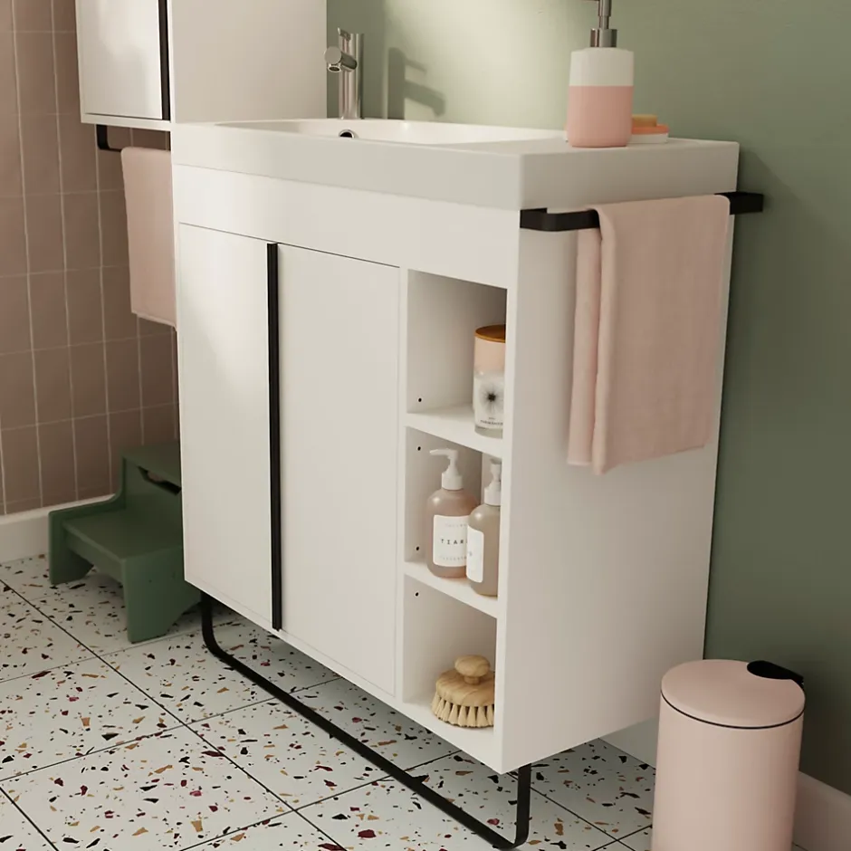 GoodHome Meuble sous vasque faible profondeur à poser avec porte-serviettes blanc l.85 x H.82 x P.36 cm, Maza