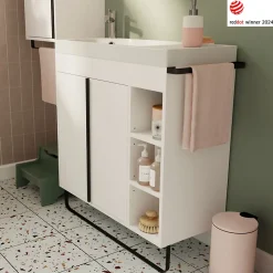 GoodHome Meuble sous vasque faible profondeur à poser avec porte-serviettes blanc l.85 x H.82 x P.36 cm, Maza
