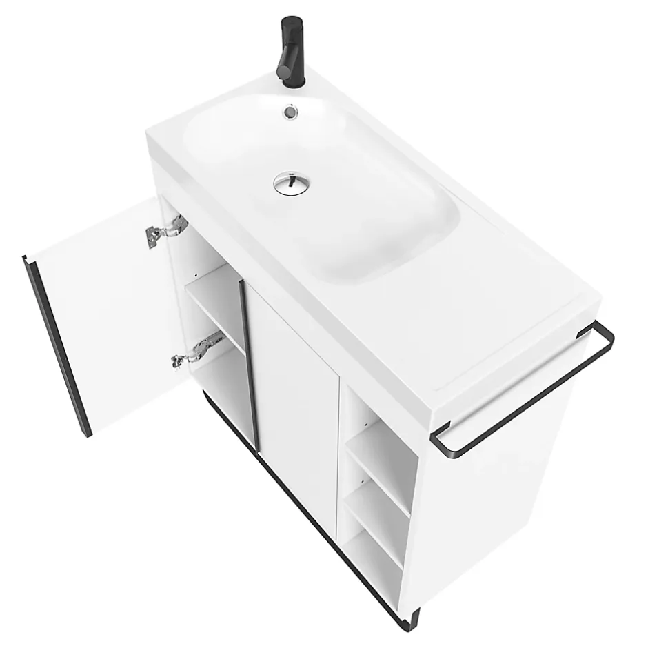 GoodHome Meuble sous vasque faible profondeur à poser avec porte-serviettes blanc l.85 x H.82 x P.36 cm, Maza