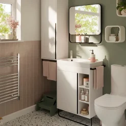 GoodHome Meuble sous vasque faible profondeur à poser avec porte-serviettes blanc l.65 x H.82 x P.36 cm, Maza