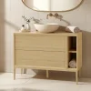 GoodHome Meuble sous vasque Avela placage chêne 100 cm + plan de toilette Avela 120 cm + niche 20 cm + pieds* Meuble Buanderie