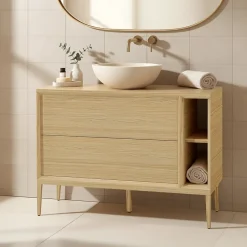 GoodHome Meuble sous vasque Avela placage chêne 100 cm + plan de toilette Avela 120 cm + niche 20 cm + pieds* Meuble Buanderie