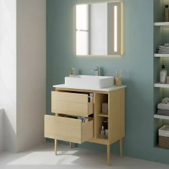 GoodHome Meuble sous vasque Avela placage chêne 60 cm + plan de toilette Avela 80 cm + niche 20 cm + pieds