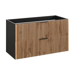 Meublorama Meuble sous vasque KINOKO 2 tiroirs Finition lattes bois naturel et noir L100 x P46 x H57 cm Meuble suspendu