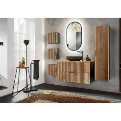 Meublorama Meuble sous vasque KINOKO 2 tiroirs Finition lattes bois naturel et noir L100 x P46 x H57 cm Meuble suspendu