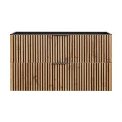 Meublorama Meuble sous vasque KINOKO 2 tiroirs Finition lattes bois naturel et noir L100 x P46 x H57 cm Meuble suspendu