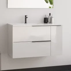 Cosyneo Meuble sous vasque seul, 2 tiroirs et 1 porte, 80cm, vasque déportée à gauche, blanc laqué - KING