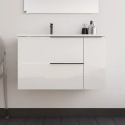 Cosyneo Meuble sous vasque seul, 2 tiroirs et 1 porte, 80cm, vasque déportée à gauche, blanc laqué - KING