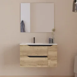 Cosyneo Meuble sous vasque seul, 2 tiroirs et 1 porte, 80cm, vasque déportée gauche - madera miel (bois clair) - ZARZA