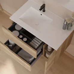 Cosyneo Meuble sous vasque seul, 2 tiroirs et 1 porte, 80cm, vasque déportée gauche - madera miel (bois clair) - ZARZA