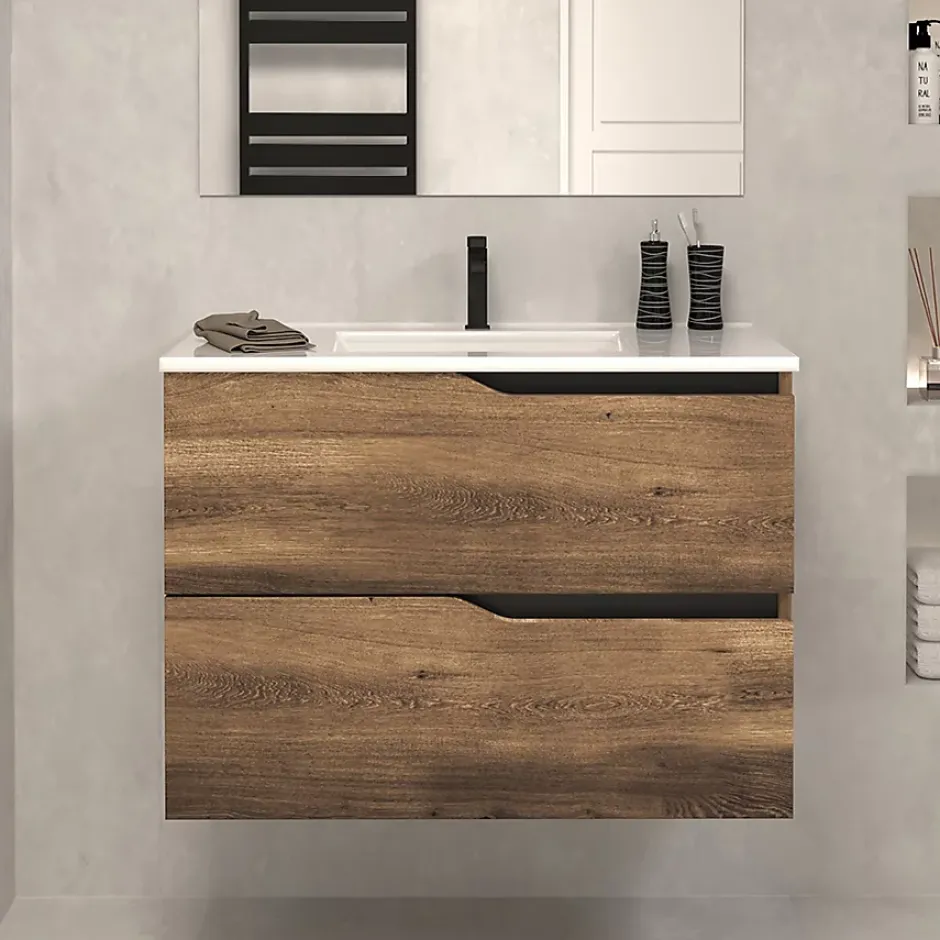 Cosyneo Meuble sous vasque seul, 2 tiroirs, 60cm, simple vasque - tabaco (chêne foncé) - LUNA