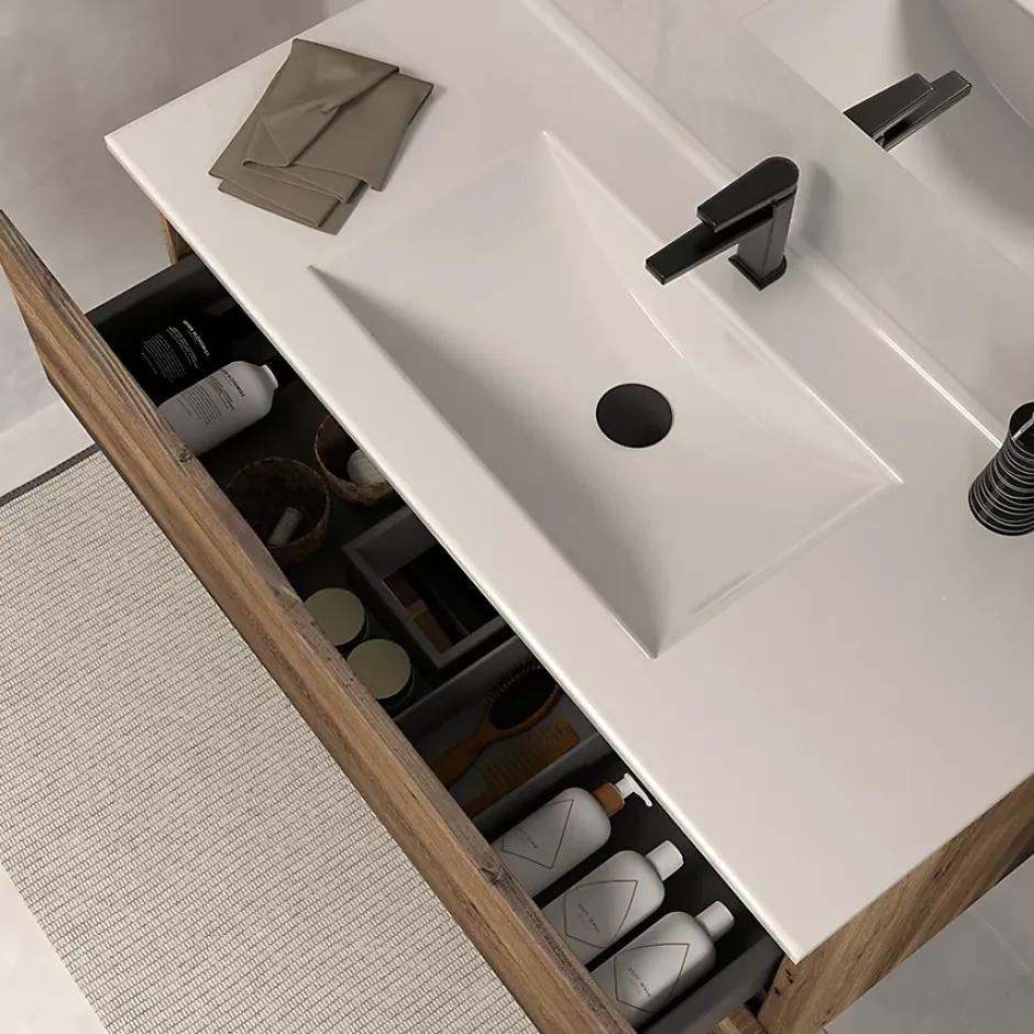 Cosyneo Meuble sous vasque seul, 2 tiroirs, 60cm, simple vasque - tabaco (chêne foncé) - LUNA