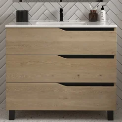 Cosyneo Meuble sous vasque seul, 3 tiroirs, 80cm, simple vasque - madera miel (chêne clair) - MATA
