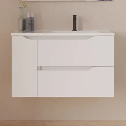 Cosyneo Meuble sous vasque seul, 2 tiroirs et 1 porte, 80cm, vasque déportée droite - blanc mat - ZARZA* Meuble Sous Lavabo