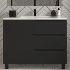Cosyneo Meuble sous vasque seul, 3 tiroirs, 80cm, simple vasque - noir - MATA* Meuble Sous Lavabo