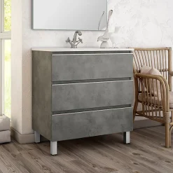 Cosyneo Meuble sous vasque seul, 3 tiroirs, 60cm, simple vasque - ciment (gris) - PALMA* Meuble Sous Lavabo