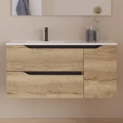 Cosyneo Meuble sous vasque seul, 2 tiroirs et 1 porte, 100cm, vasque déportée gauche - madera miel (bois clair) - ZARZA* Meuble Sous Lavabo