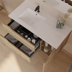 Cosyneo Meuble sous vasque seul, 2 tiroirs et 1 porte, 100cm, vasque déportée gauche - madera miel (bois clair) - ZARZA* Meuble Sous Lavabo