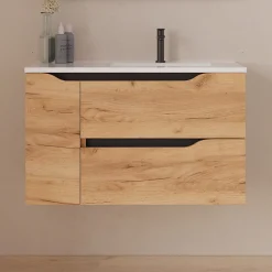 Cosyneo Meuble sous vasque seul, 2 tiroirs et 1 porte, 80cm, vasque déportée droite - roble (bois clair) - ZARZA* Meuble Sous Lavabo