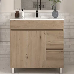 Cosyneo Meuble sous vasque seul, 2 tiroirs et 2 portes, 70cm, simple vasque - cambrian (chêne clair) - HARO