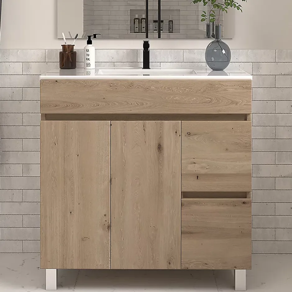 Cosyneo Meuble sous vasque seul, 2 tiroirs et 2 portes, 70cm, simple vasque - cambrian (chêne clair) - HARO