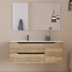 Cosyneo Meuble sous vasque seul, 2 tiroirs et 1 porte, 120cm, vasque déportée gauche - madera miel (bois clair) - ZARZA* Meuble Sous Lavabo