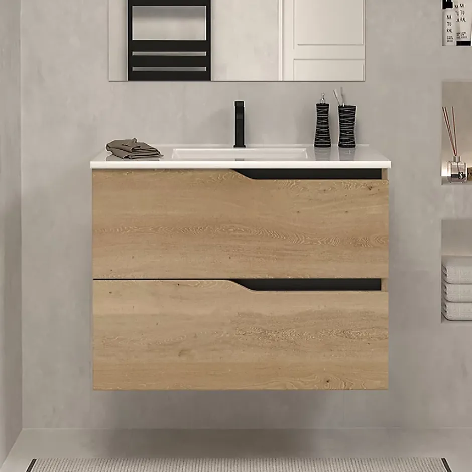 Cosyneo Meuble sous vasque seul, 2 tiroirs, 60cm, simple vasque - madera miel (chêne clair) - LUNA* Meuble Sous Lavabo