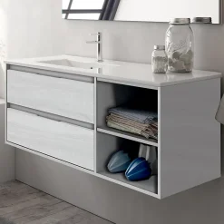 Cosyneo Meuble sous vasque seul, 2 tiroirs et 2 niches, 120cm, vasque déportée à gauche - hibernian (bois blanchi) - OLYMPE* Meuble Sous Lavabo