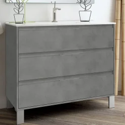 Cosyneo Meuble sous vasque seul, 3 tiroirs, 100cm, simple vasque - ciment (gris) - TIRIS* Meuble Sous Lavabo