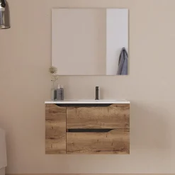 Cosyneo Meuble sous vasque seul, 2 tiroirs et 1 porte, 80cm, vasque déportée droite - tabaco (bois foncé) - ZARZA* Meuble Sous Lavabo