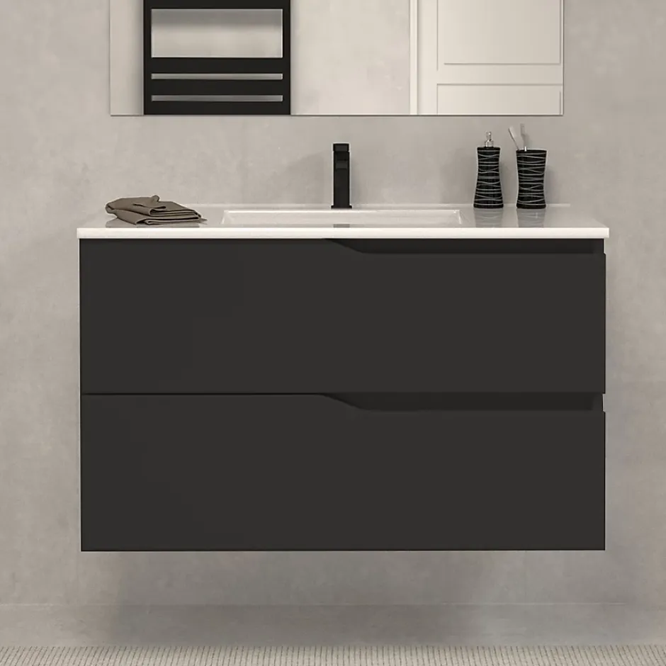 Cosyneo Meuble sous vasque seul, 2 tiroirs, 90cm, simple vasque - noir - LUNA