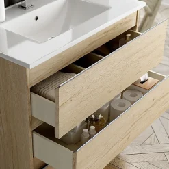 Cosyneo Meuble sous vasque seul, 2 tiroirs, 100cm, simple vasque - bambou (chêne clair) - BALEA